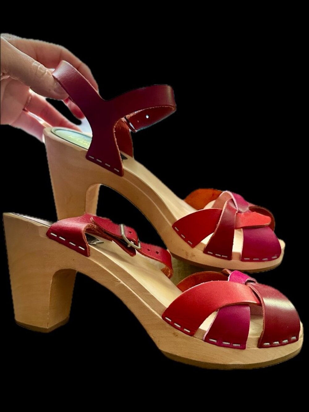 NWOT Hasbeens Red Pink Leather Woven Strappy Heel Sandals Clog